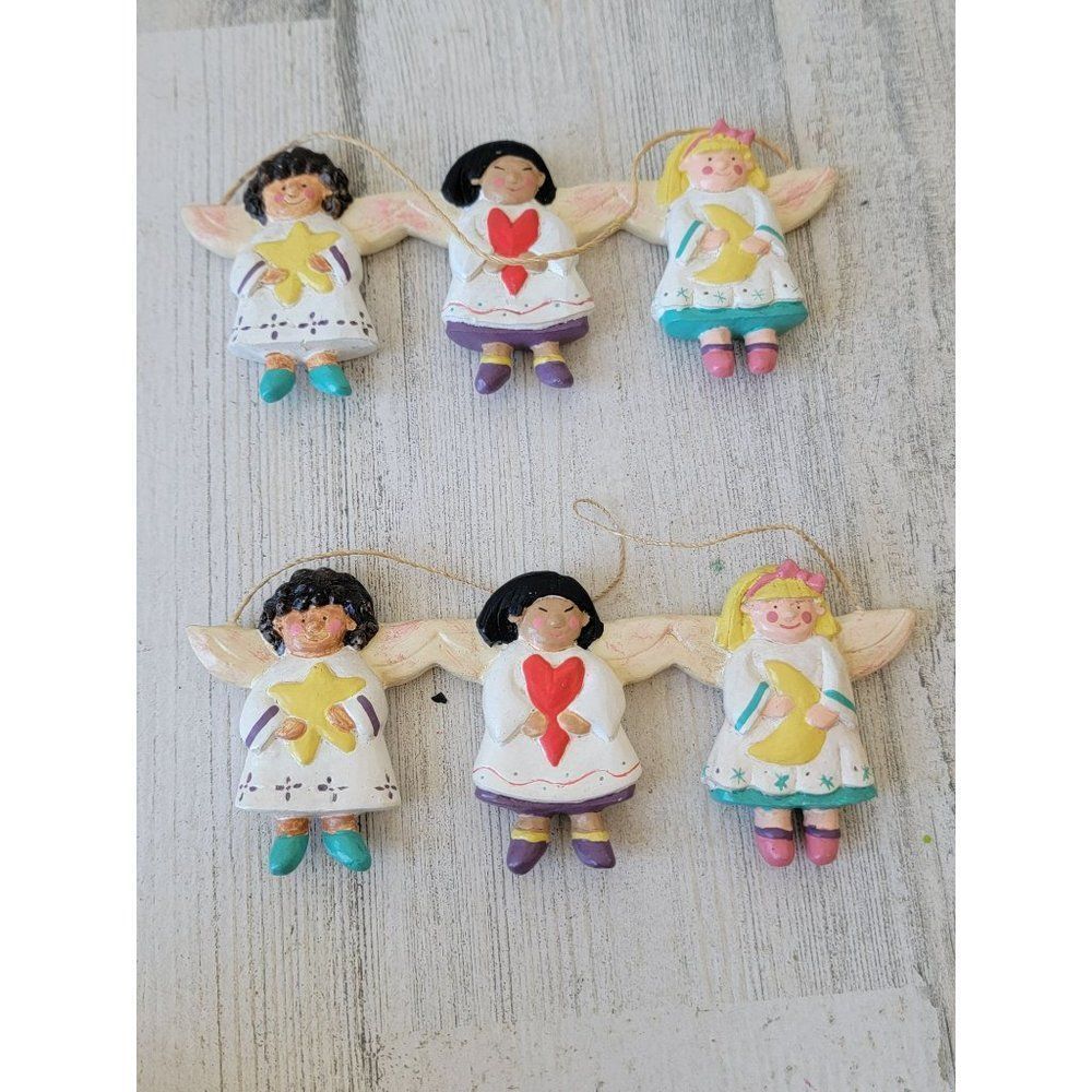 Folk art children Angel cherub heart moon set Xmas decor